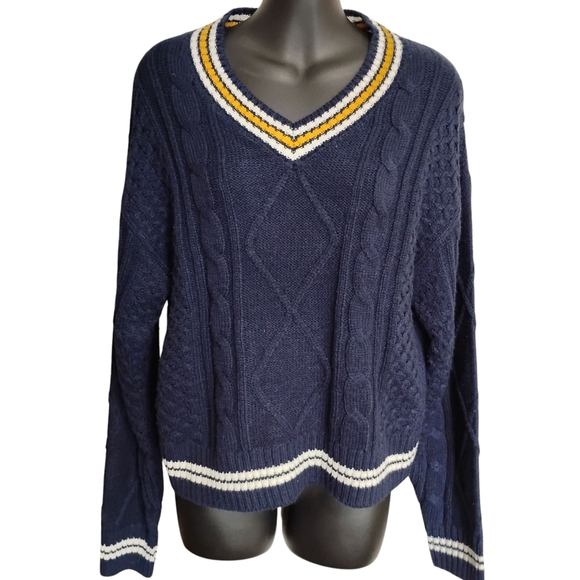 Garage | Woman's Navy Collegiate V Neck Cable Knit Yacht Club Sweater | Size XS - Picture 10 of 10